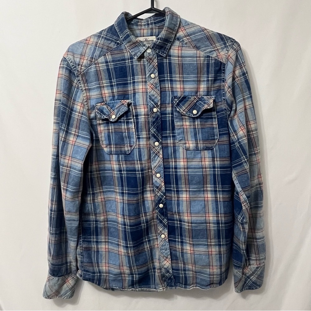 Distillery Men's Small Blue Plaid Long-Sleeve Button-Down Shirt with Snaps